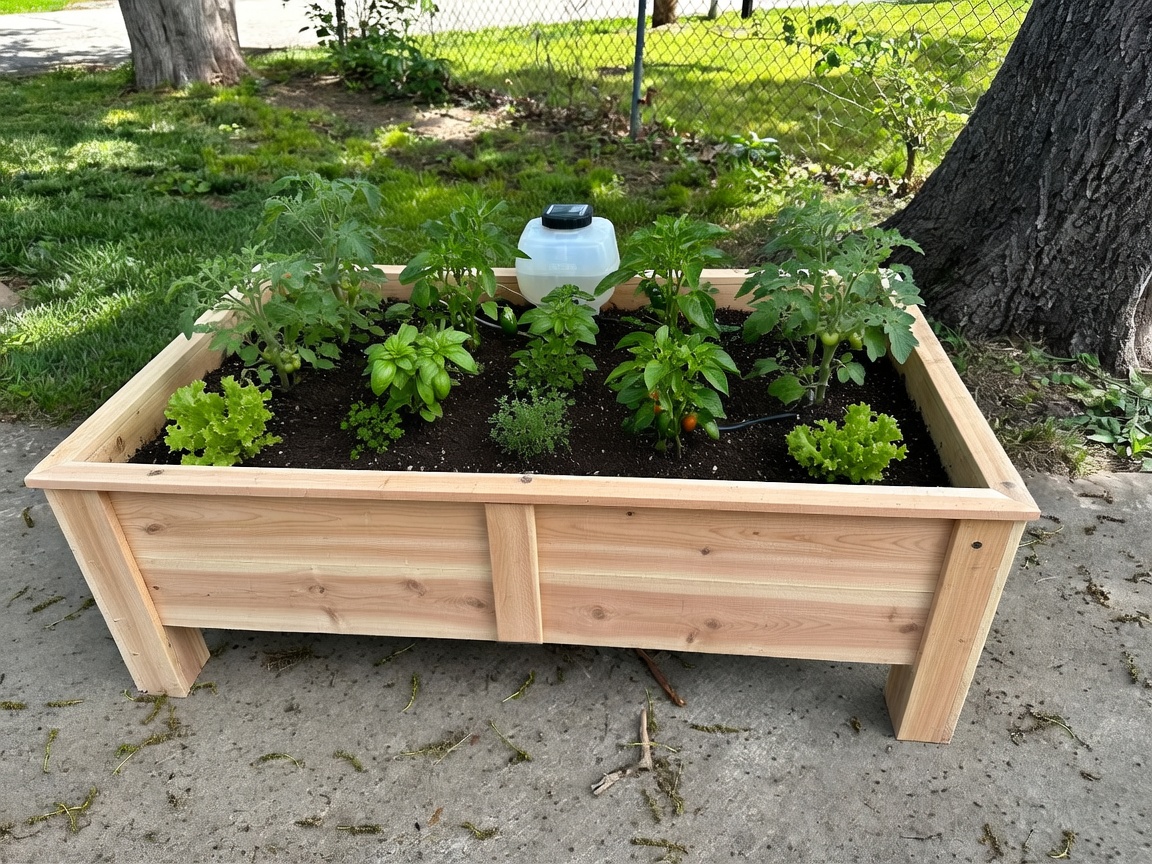 Professionally supplied and planted 4x2 cedar raised garden bed with tomatoes, peppers, and herbs in a Leavenworth County yard