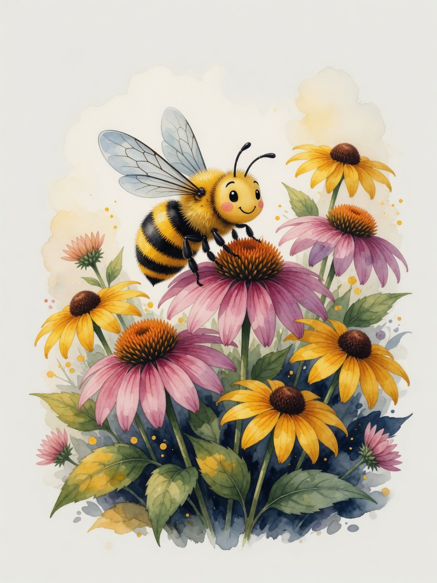 Illustration of a happy bee perched on colorful garden flowers
