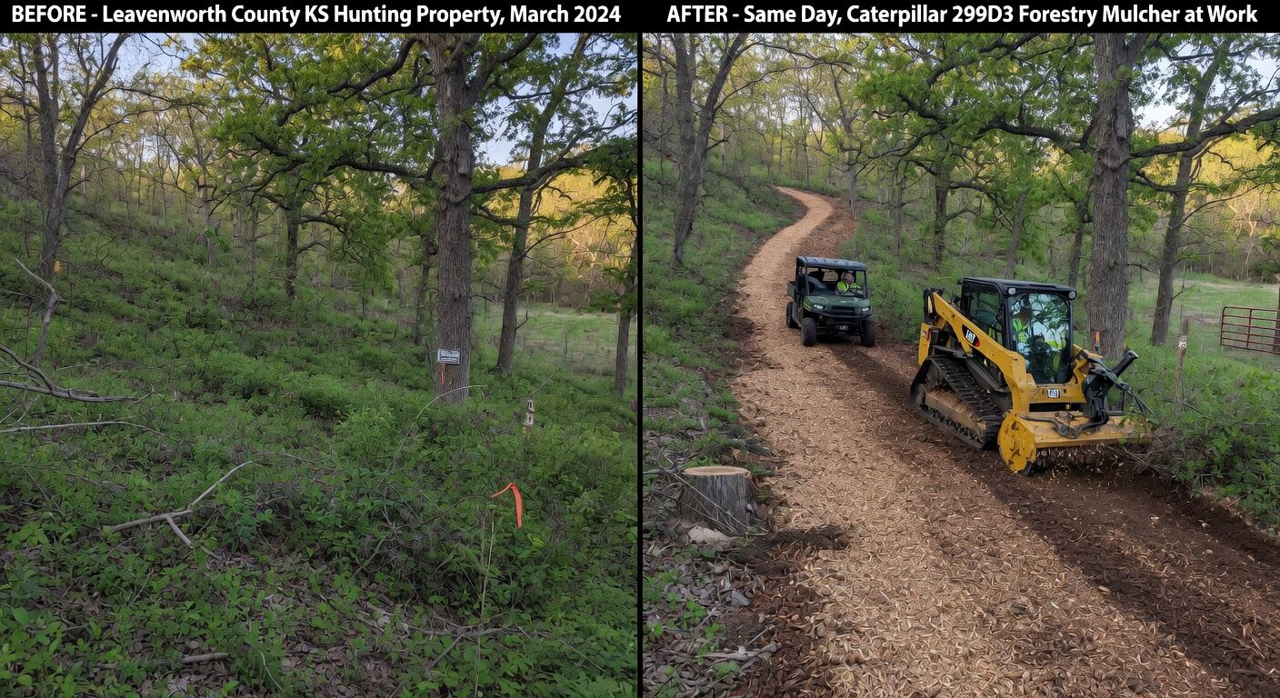 Clean drivable mulched hunting trail with Ranger/UTV access winding through improved habitat on a Midwest acreage property