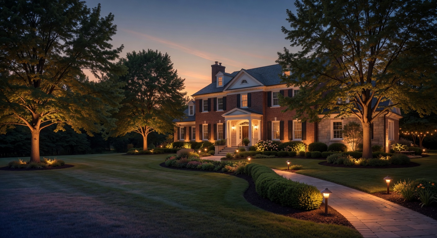 Midwest estate in the evening with pleasant professional landscape lighting on mature trees and garden beds