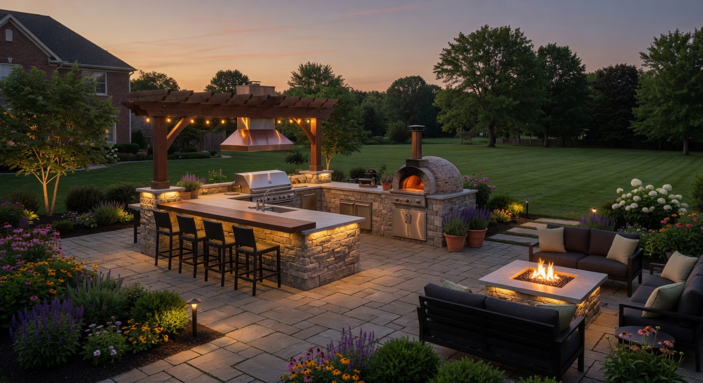 Photorealistic outdoor kitchen on a spacious patio at a Midwest estate with professional landscape lighting and garden beds in the evening